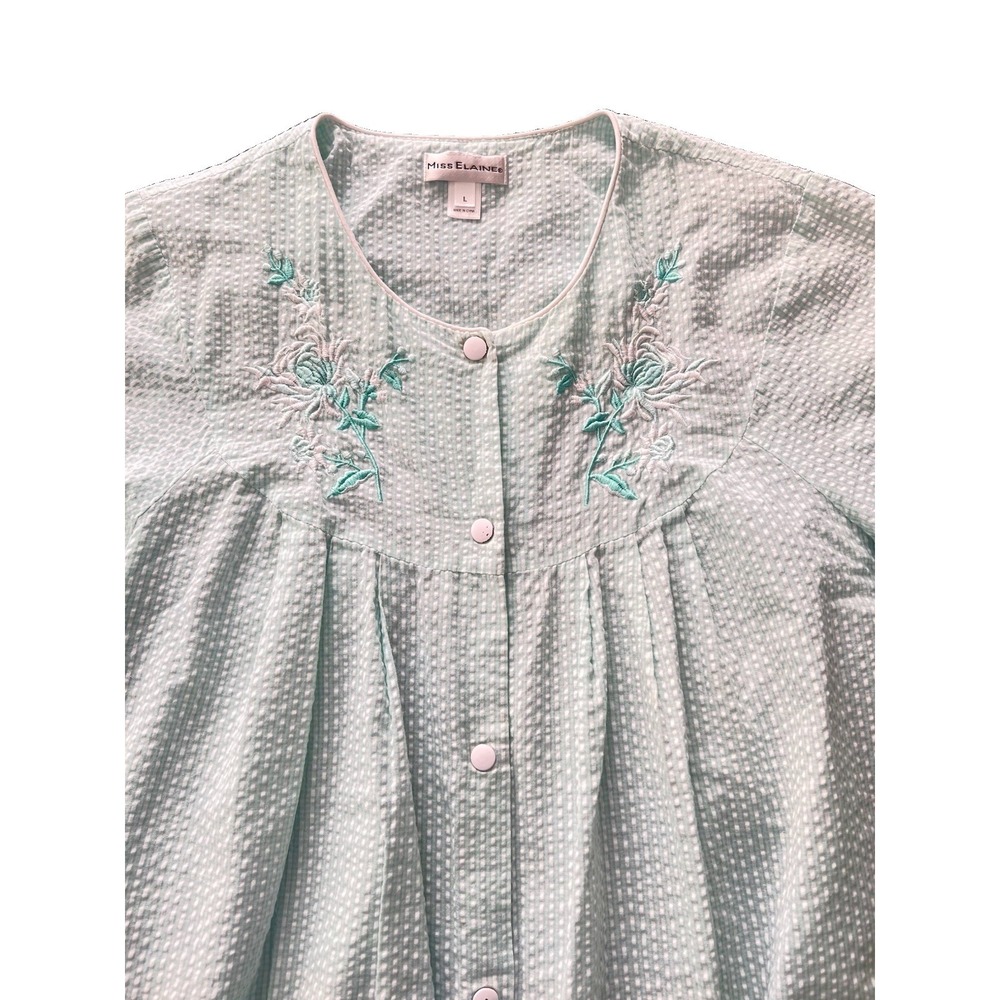 Miss Elaine Seersucker Nightgown Mint Green Gingham Floral Embroidered Large